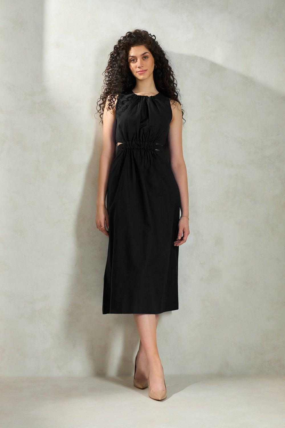 Black Cotton Cutout Waist Midi Dress – Relaxed Fit - Image 1
