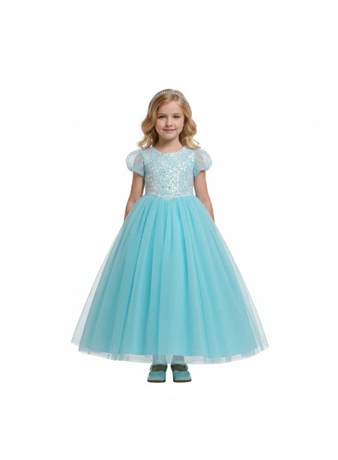 Sky Blue Sequin Bodice Tulle Maxi Dress - Image 1