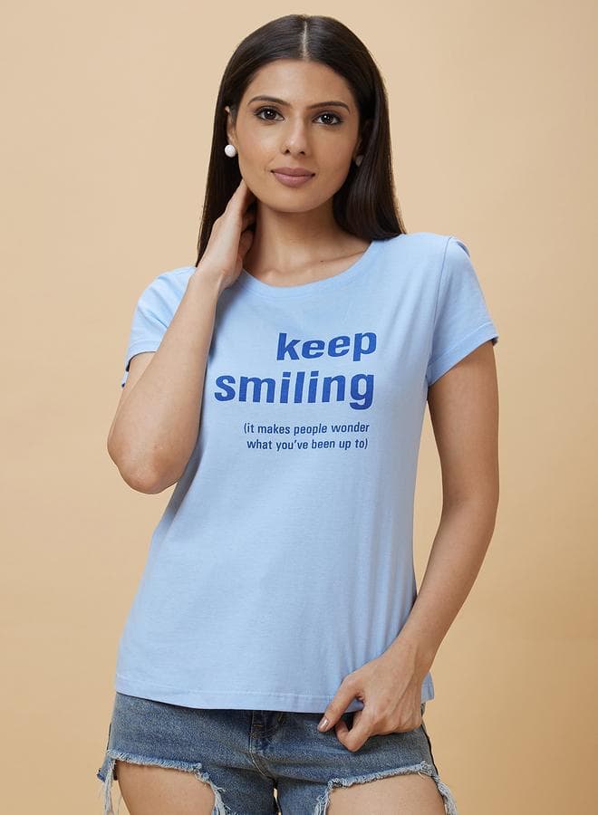 Blue Slogan Print Cotton Round Neck T-Shirt - Image 1