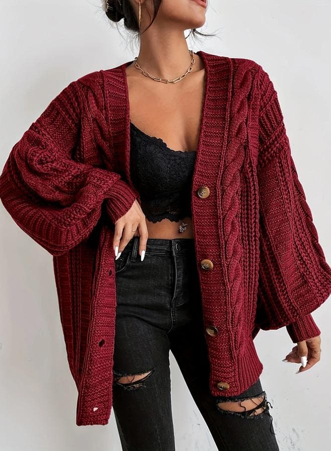 Burgundy Cable Knit Button Front Plus Size Cardigan - Image 1
