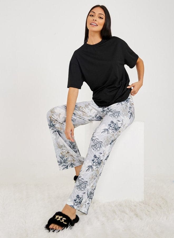 Floral Print Pyjama Set with Solid T-Shirt 7003024820 - Image 1