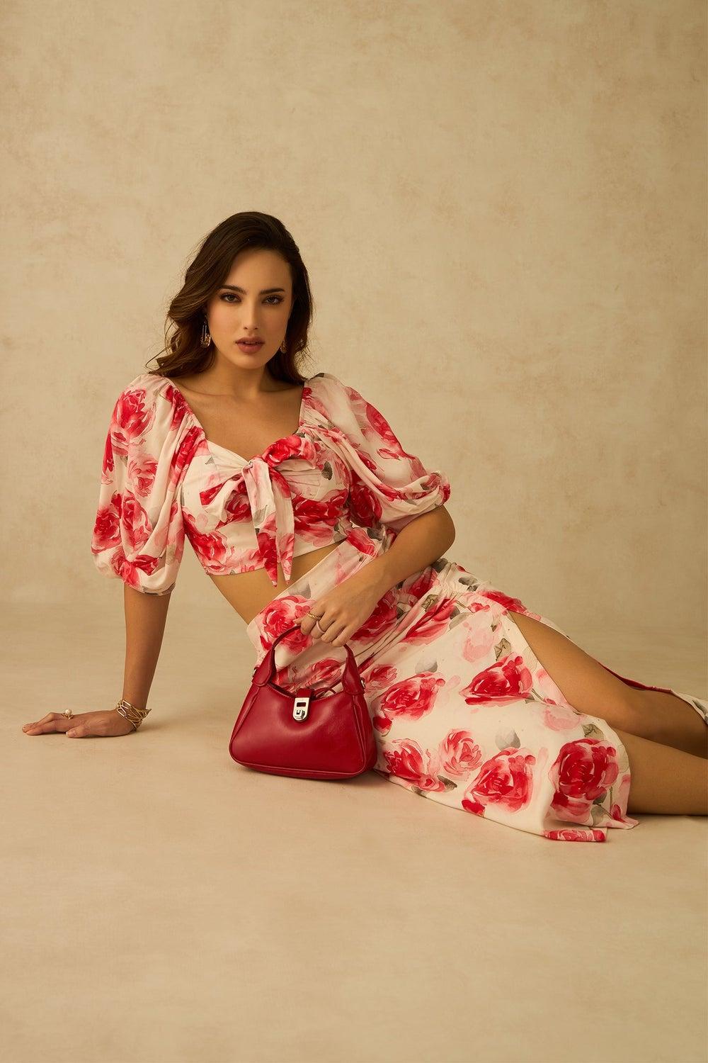 Off-White Floral Viscose Midi Skirt with Side Slit - Image 1