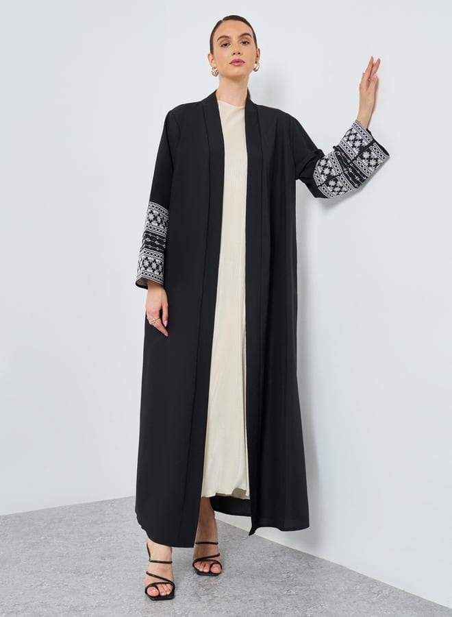 Black Embroidery Sleeve Open Front Abaya - Image 1