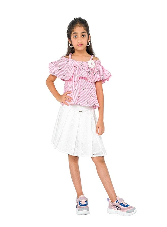Pink Off-Shoulder Top & White Eyelet Skirt Set - Image 1