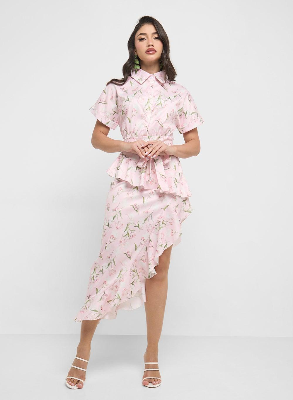 Light Pink Floral Ruffle Hem Midi Shirt Dress Ly26041 - Image 1