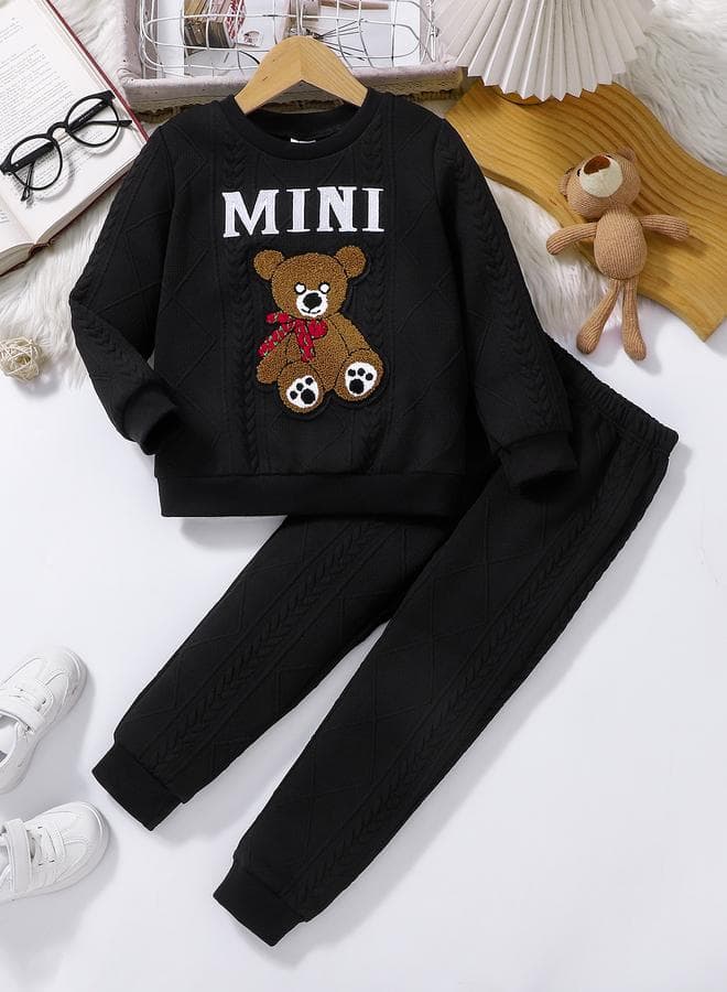 Black Textured Bear Patchwork Tracksuit Set - Image 1