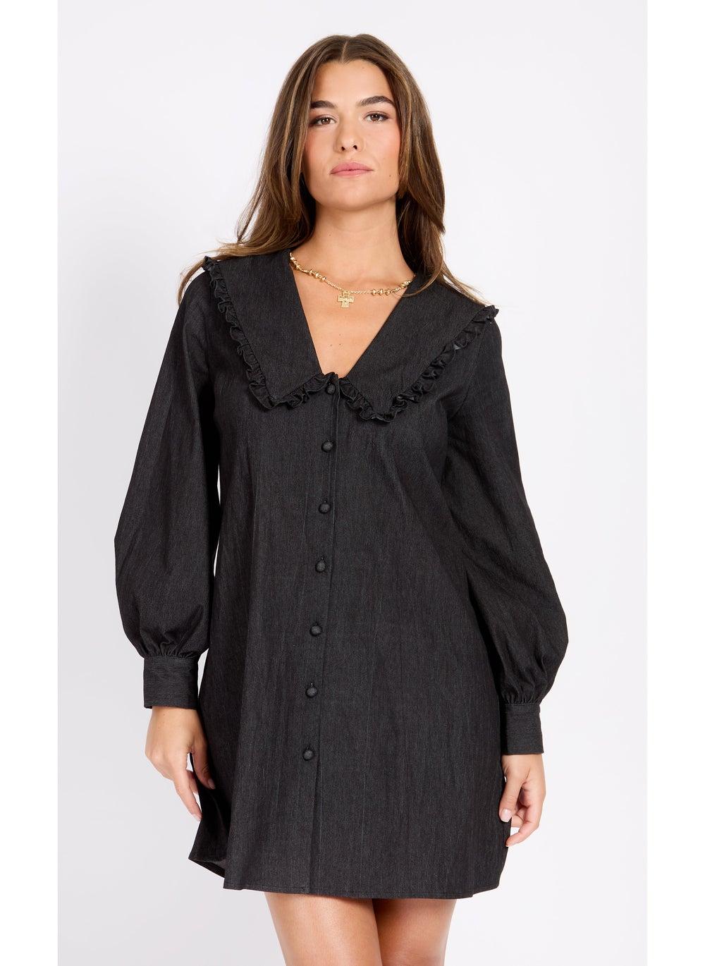 Charcoal Ruffled Collar Mini Shirt Dress D35129B1A - Image 1