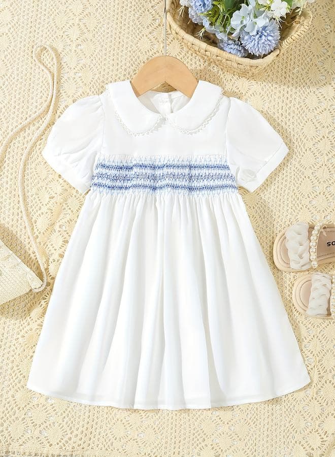 Girls White Smocked A-Line Dress with Peter Pan Collar - Image 1