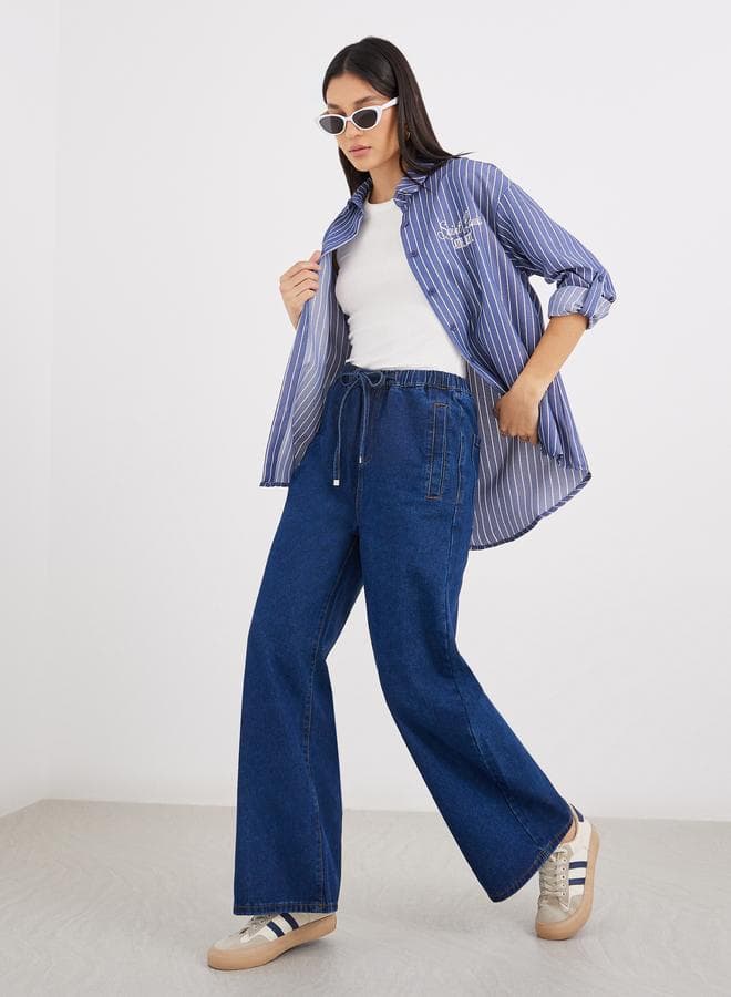 High-Rise Wide Leg Drawstring Jeans in Dark Blue - Image 1