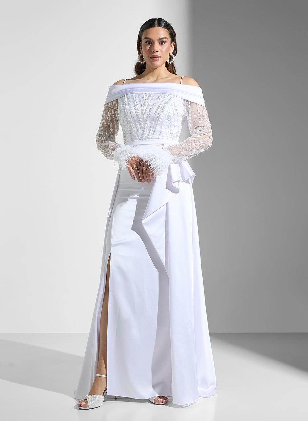 Feathered Off-Shoulder Evening Gown with Embellished Sleeves - Image 1
