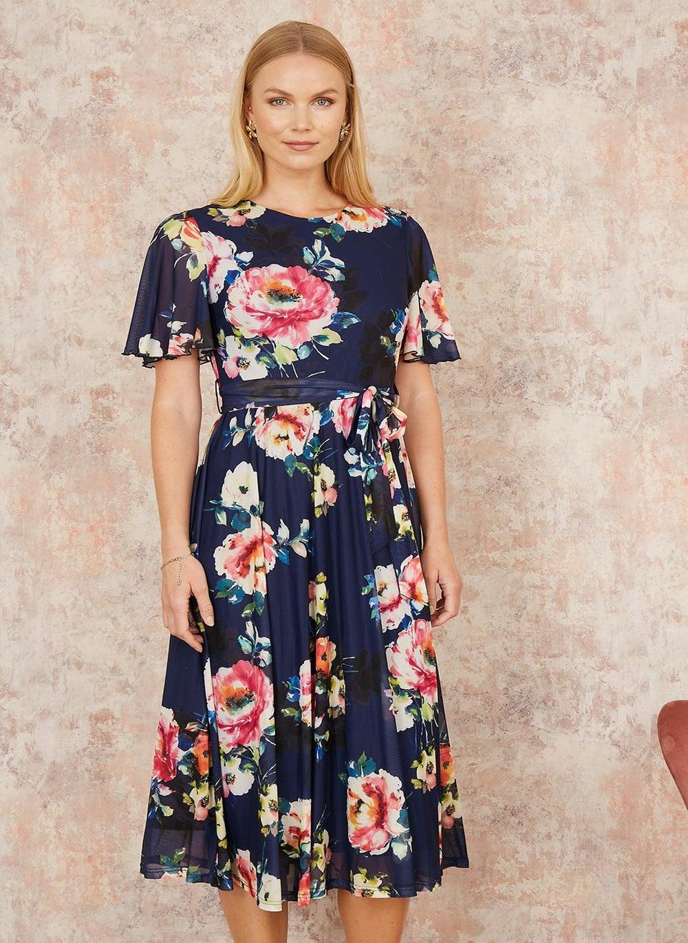 Navy Floral Chiffon Midi Dress Fit & Flare - Image 1