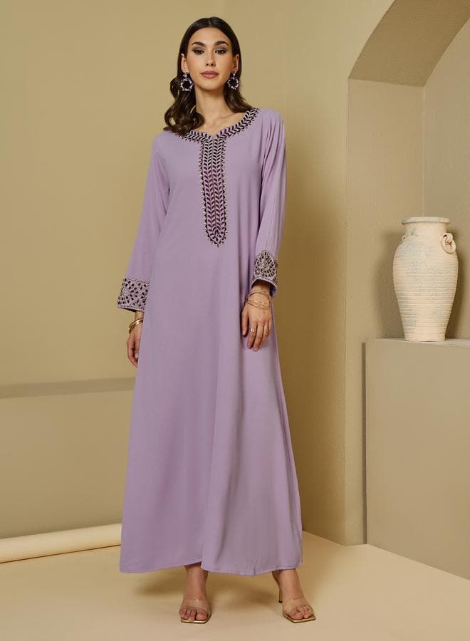 Styli Lilac Embroidered Trim Textured Jalabiya Maxi - Image 1