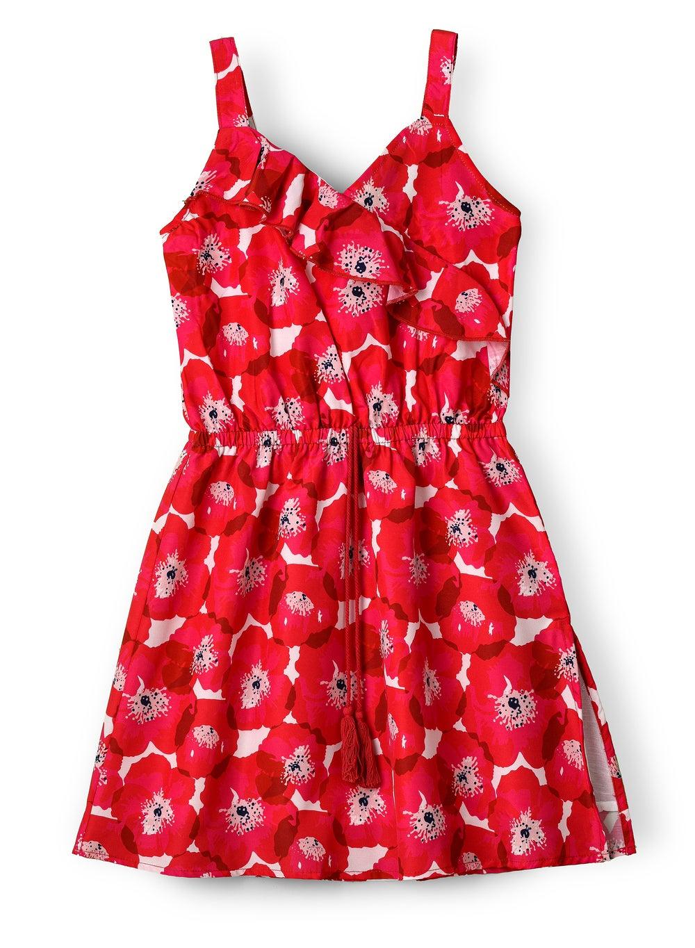 Girls Red Floral Ruffle Sleeveless Dress - Image 1