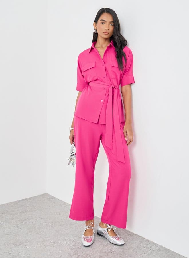 Solid Belted Shirt & Wide-Leg Pants Co-Ord Set - Image 1