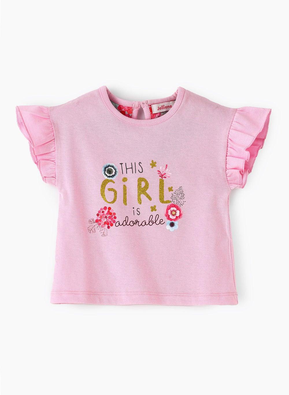 Girls Pink Knit Frill Sleeve Top Pfing Sp304 - Image 1