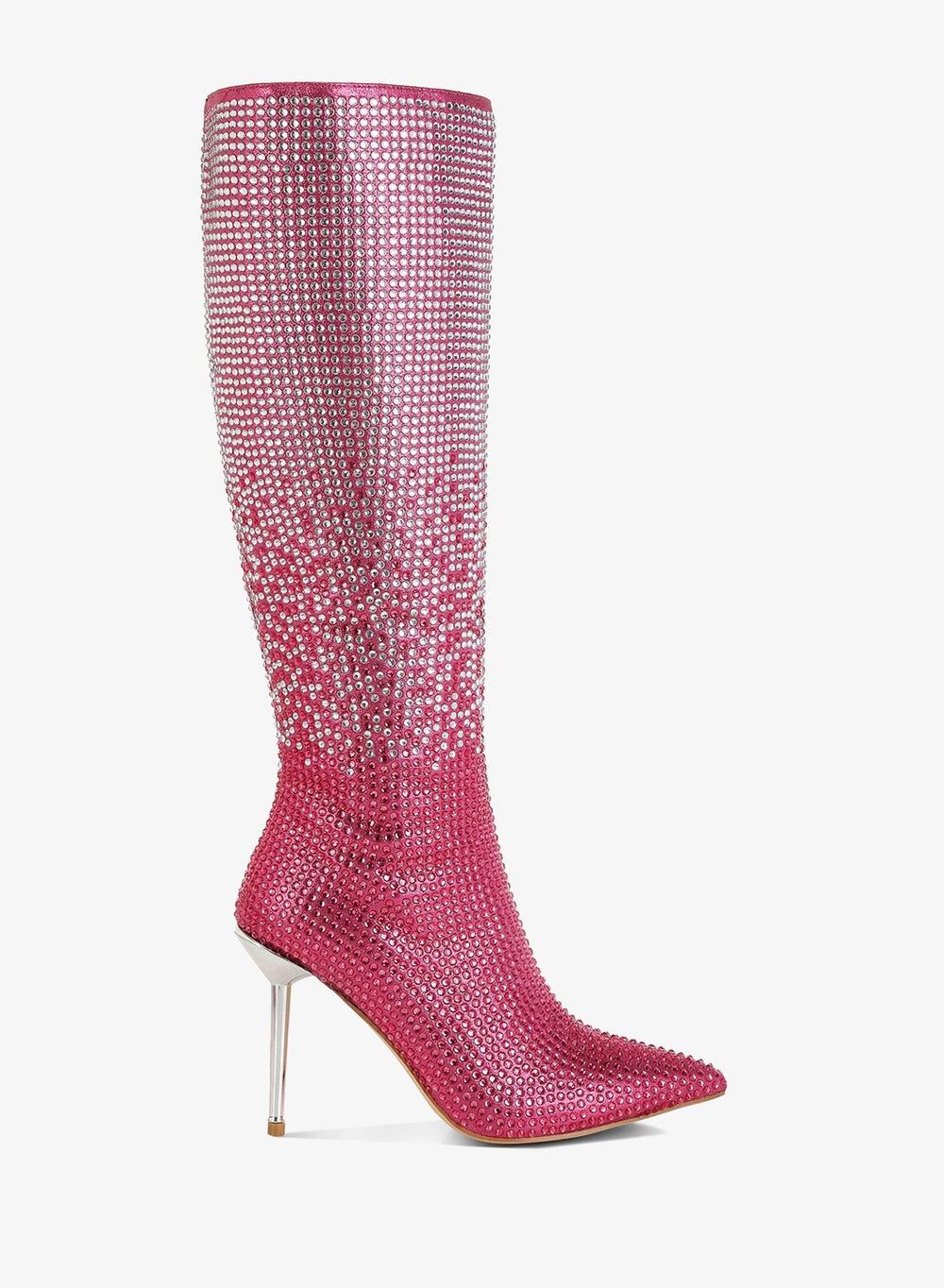 Sh5312 Pink Rhinestone Calf Boots with Stiletto Heel - Image 1