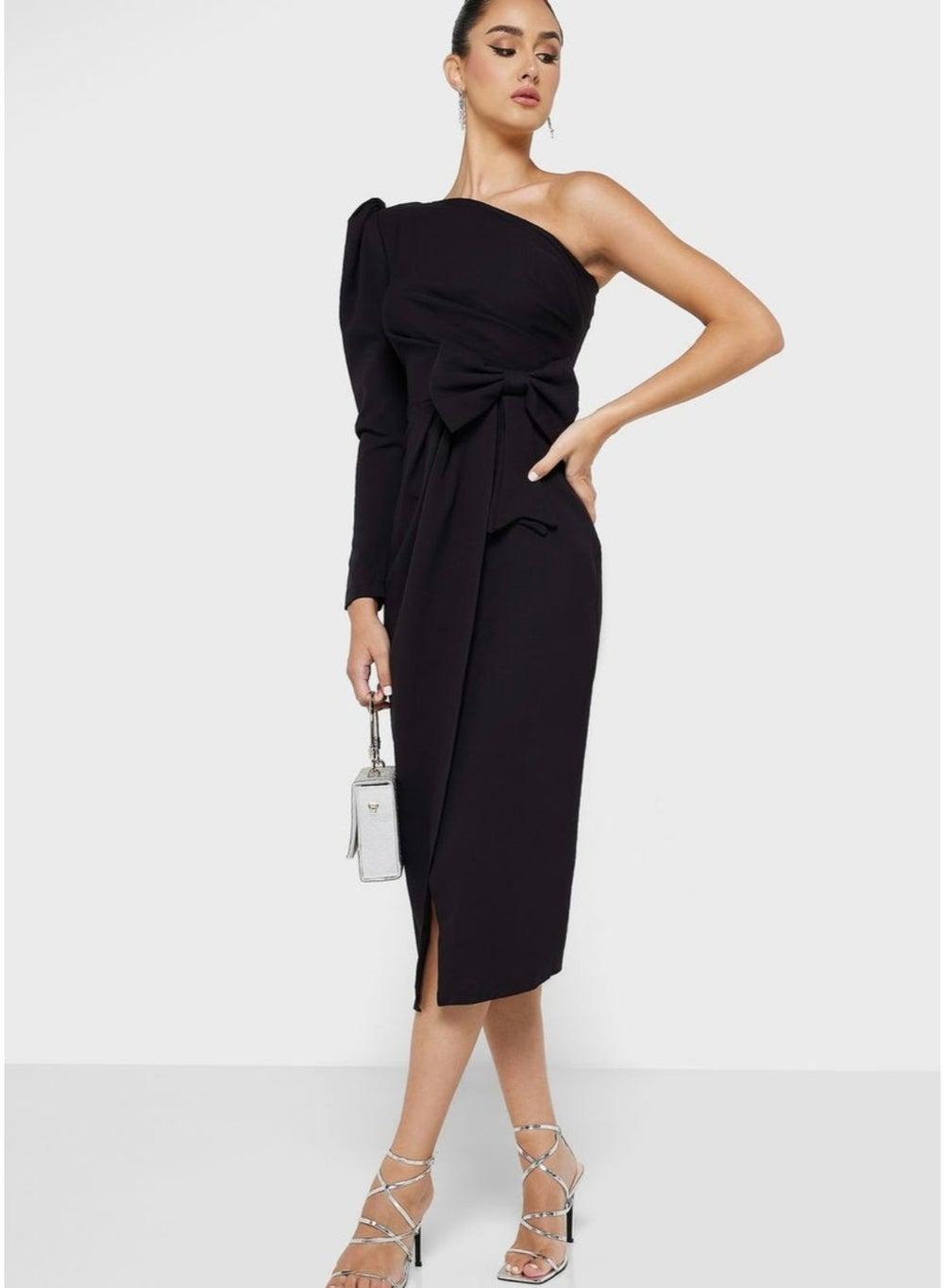 One-Shoulder Black Midi Cocktail Dress Sleek Fit - Image 1