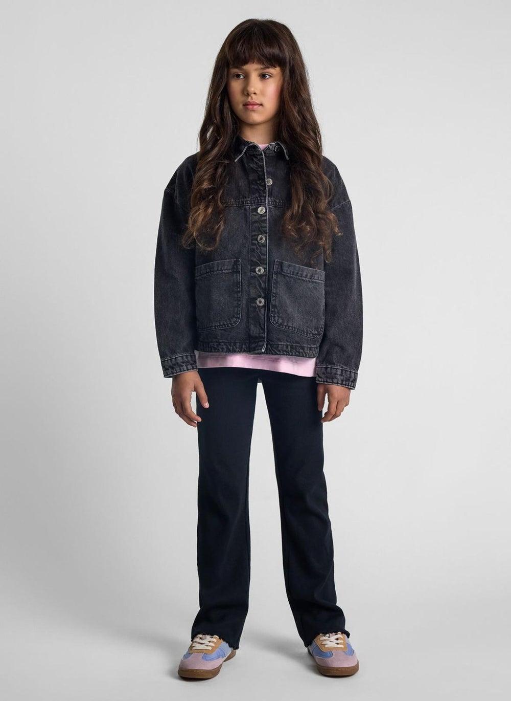 Girls Black Acid-Wash Denim Jacket with Button Cuffs - Image 1