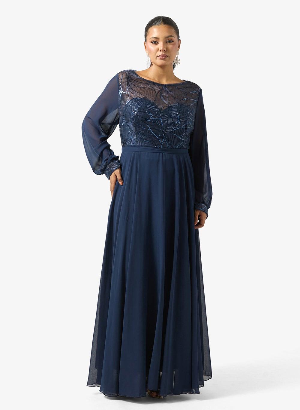 Navy A-Line Maxi Dress Jy2105 Embellished Bodice - Image 1