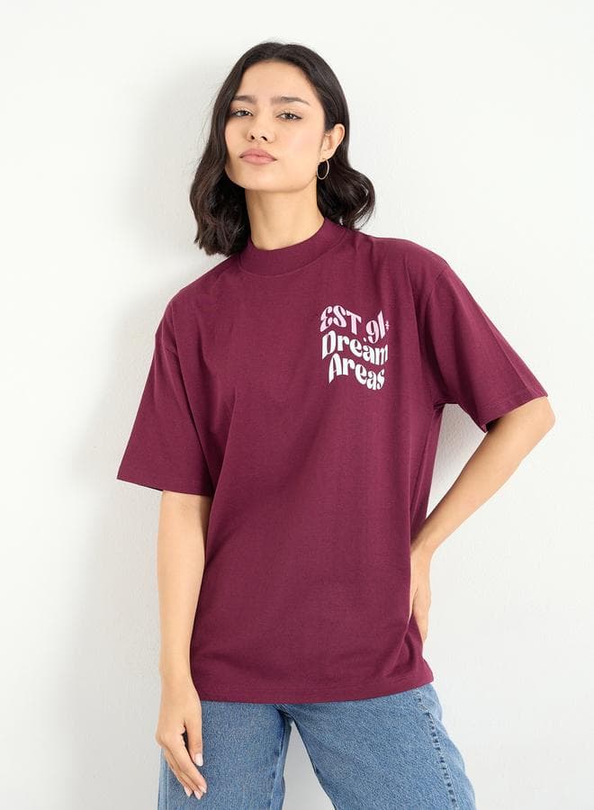 Burgundy Slogan Oversized Cotton Crew Neck T-Shirt - Image 1