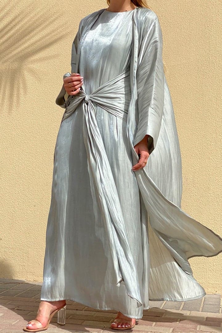 3-Piece Grey Shimmer Abaya Evening Set - Image 1