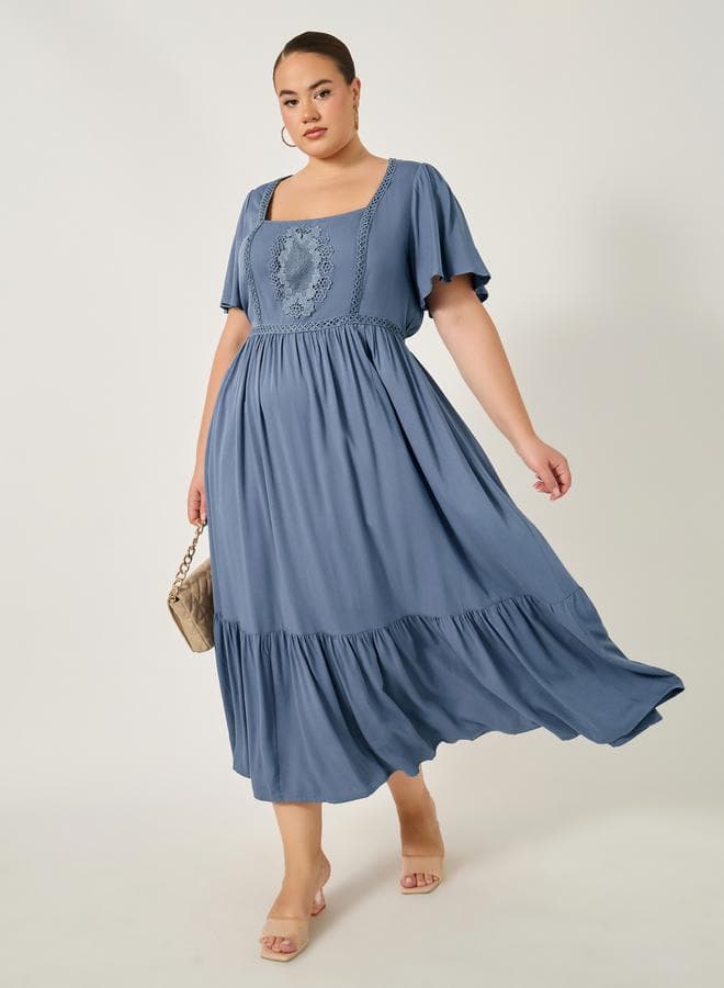 Dusty Blue Embroidered Cotton Midi Dress 7011334129 - Image 1