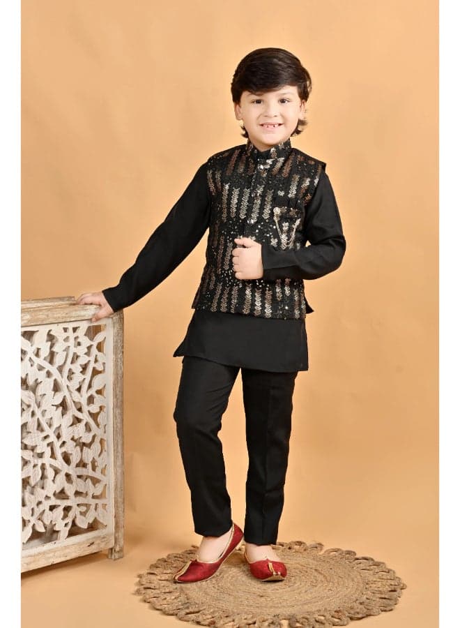 Boys Black Cotton Kurta Pyjama Set with Waistcoat - Image 1