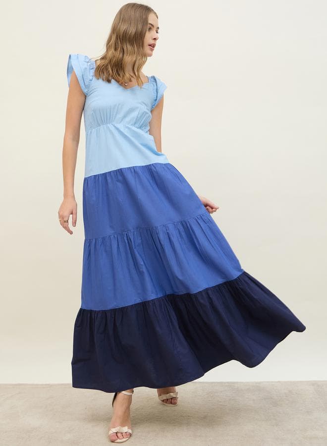 Styli Blue Color Block Tiered Maxi Dress 7011311603 - Image 1