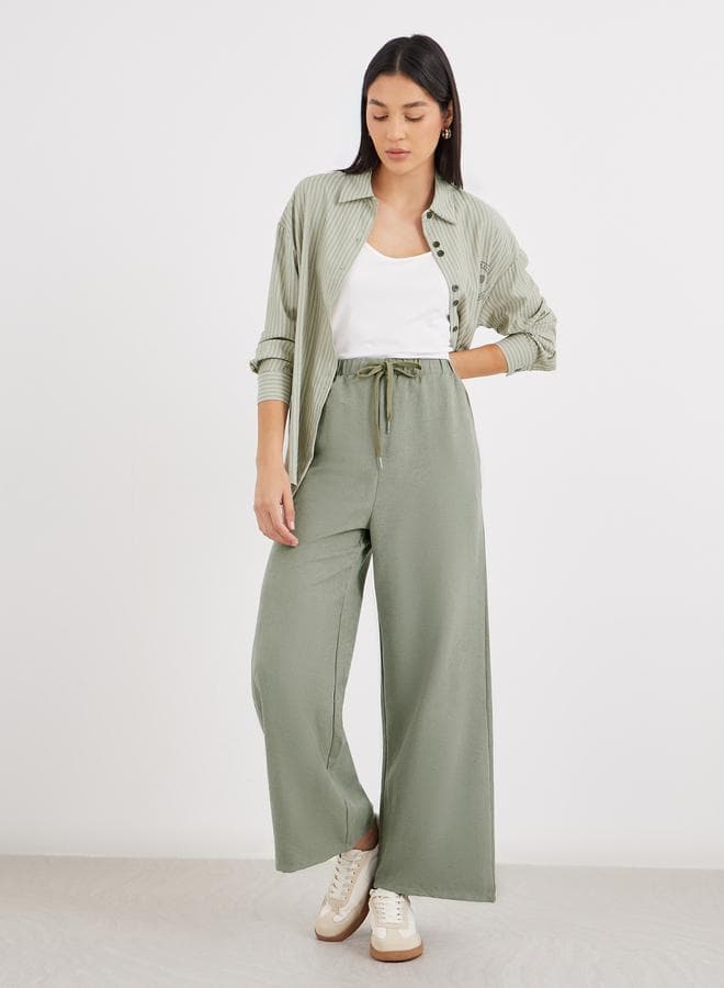 Styli Khaki Wide Leg Drawstring Waist Pants - Image 1