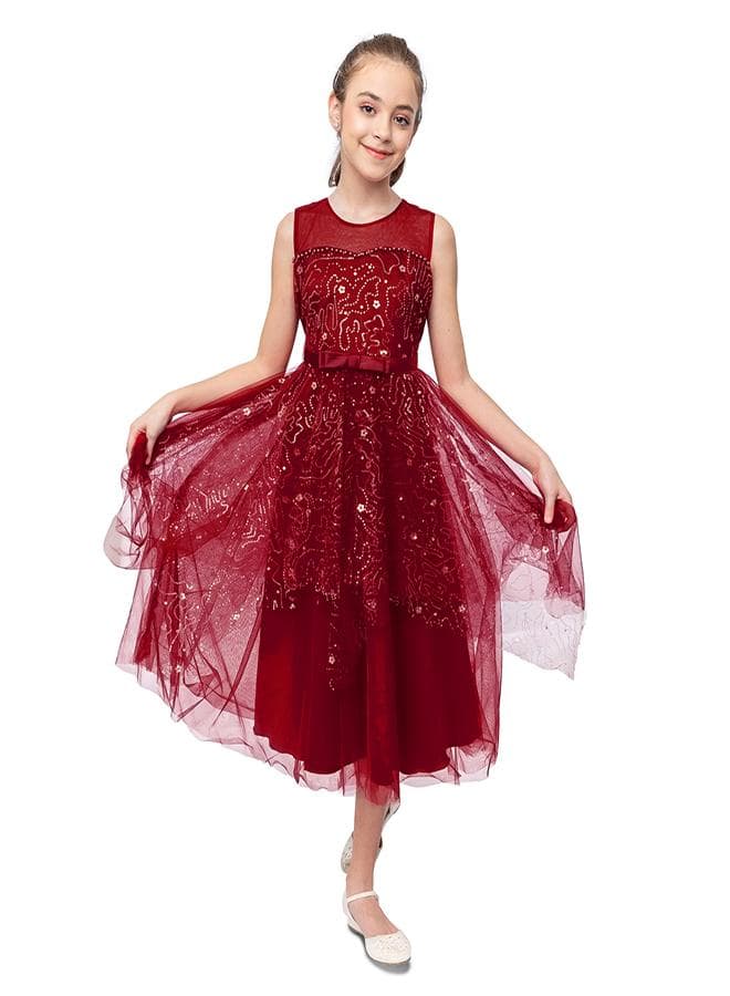 Girls Burgundy Embroidered Tulle Dress - Image 1
