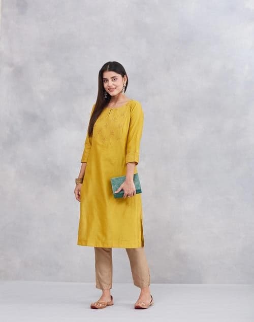 Green Cotton Silk Embroidered Festive Long Kurta - Image 1