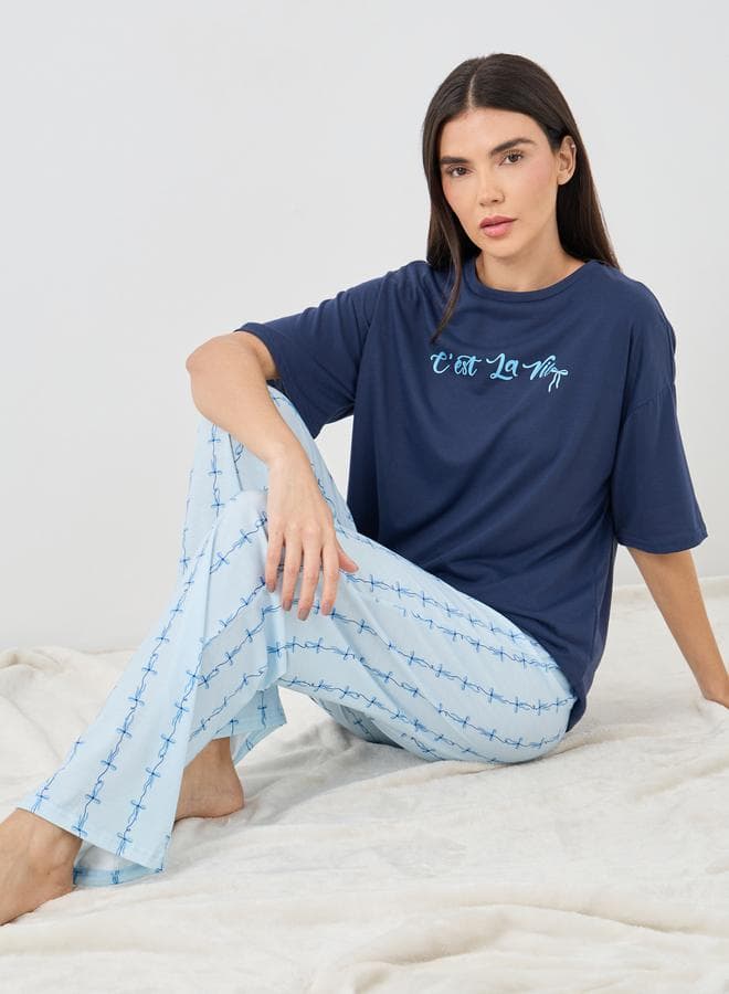 Slogan Print Short Sleeve Pyjama Set Multi - Image 1
