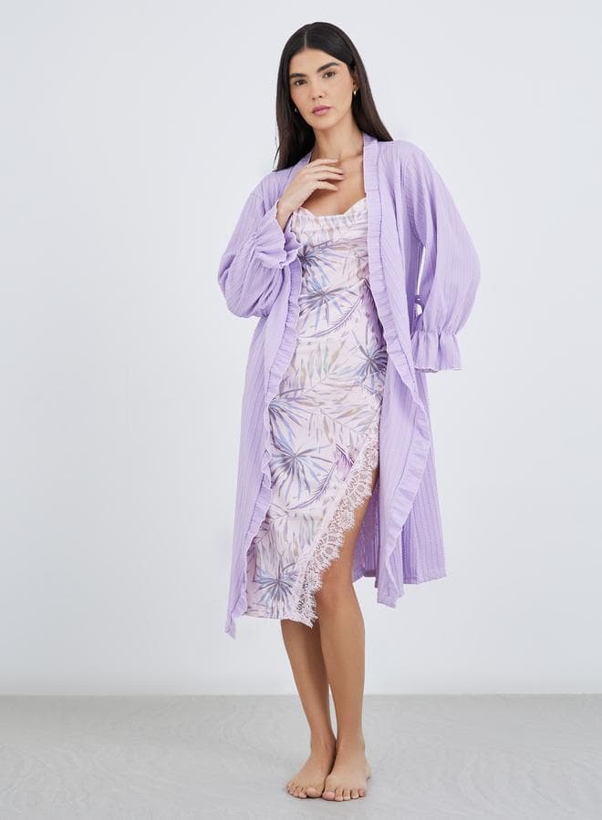 Textured Rib Ruffle Edge Purple Lounge Robe - Image 1