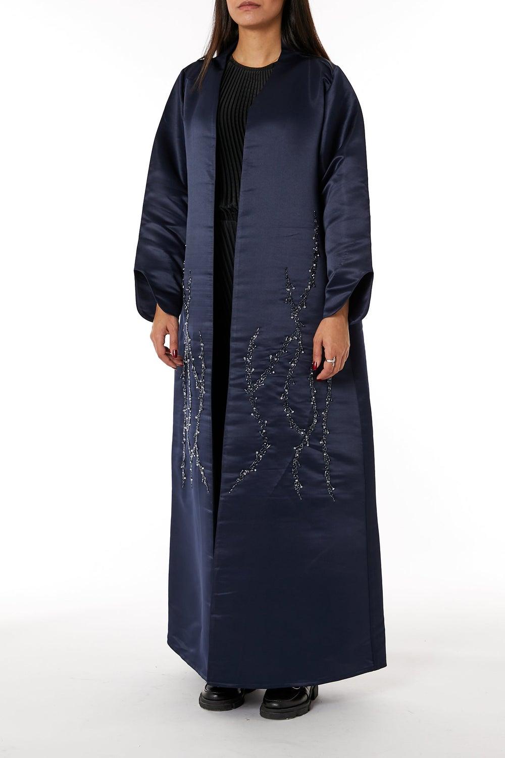 Navy Satin Embroidered Evening Open Abaya - Image 1