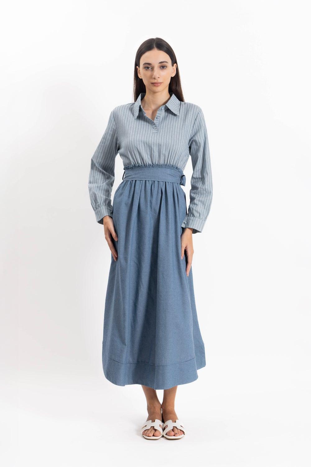 Striped Shirred Shirt Maxi Dress in Light Blue - Image 1