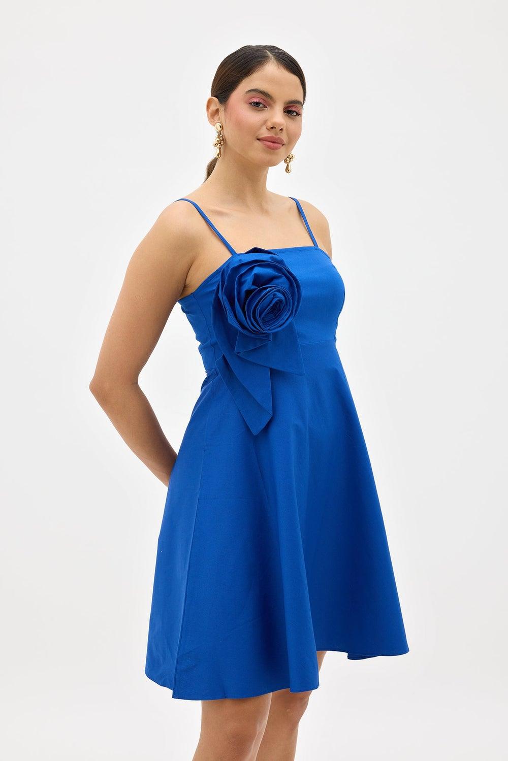 Royal Blue Cotton Stretch Rosette Mini Dress - Image 1