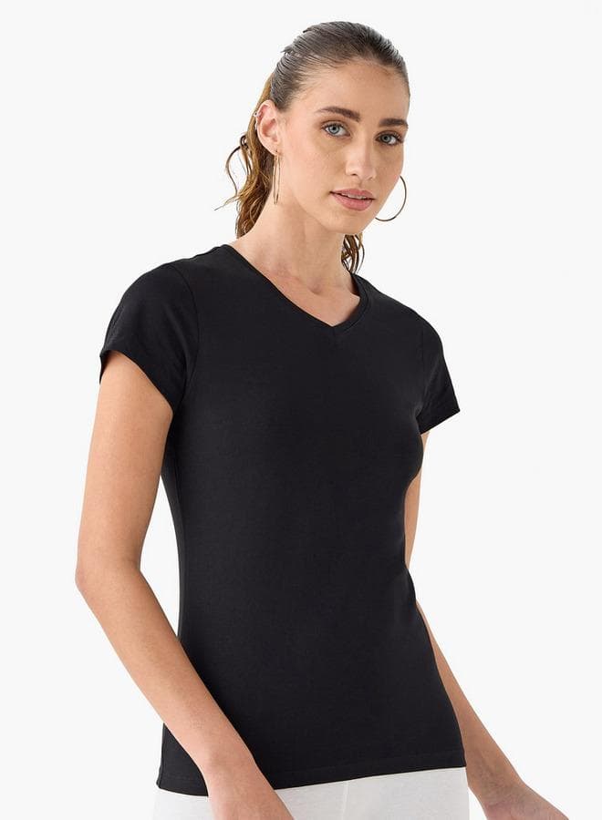 2-Pack Black V-Neck Cap Sleeve Cotton Blend T-Shirts - Image 1