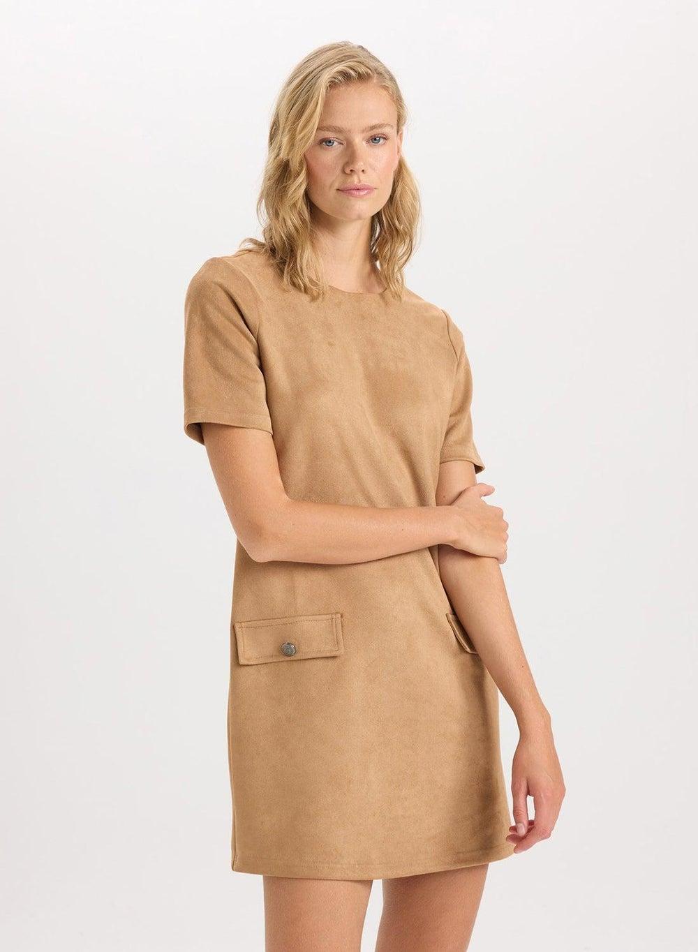 D8644Ax Tan Pocket Suede Mini Dress - Image 1