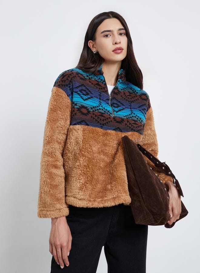 Take Two Printed Panel Furry Texture Crop Sweatshirt - Image 1