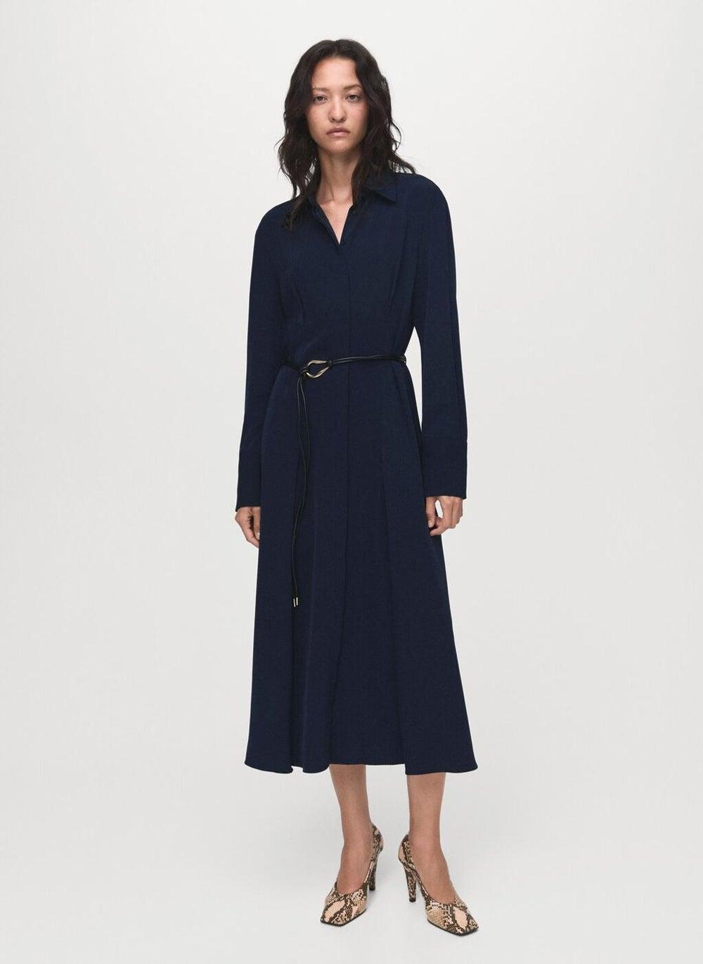 Navy A-Line Belted Midi Shirt Dress 17015828 - Image 1