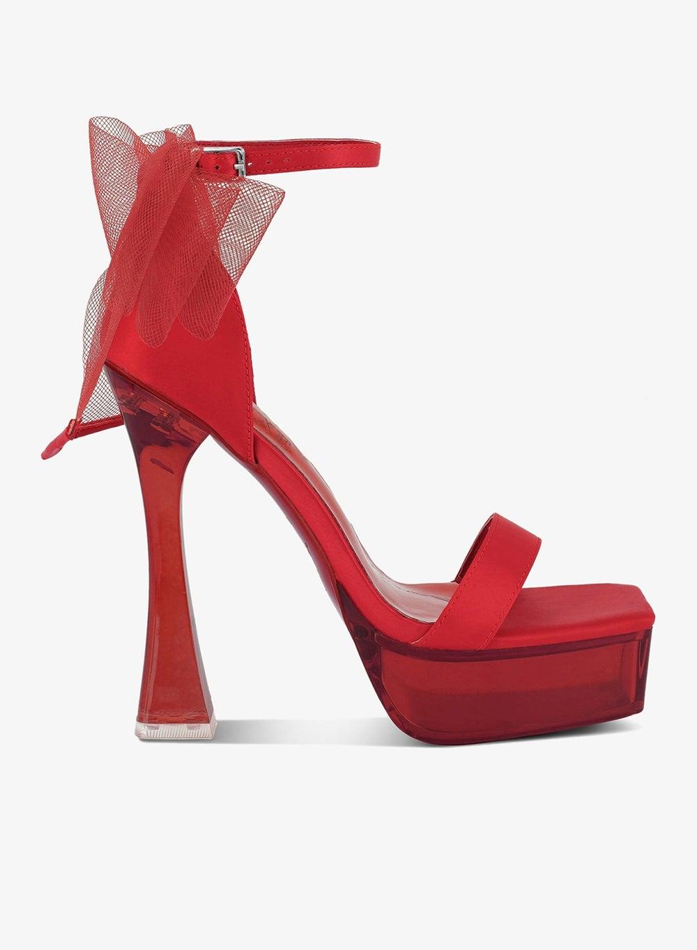 Kiri Satin Clear High Heel Bow Sandals Red Sh4207 - Image 1
