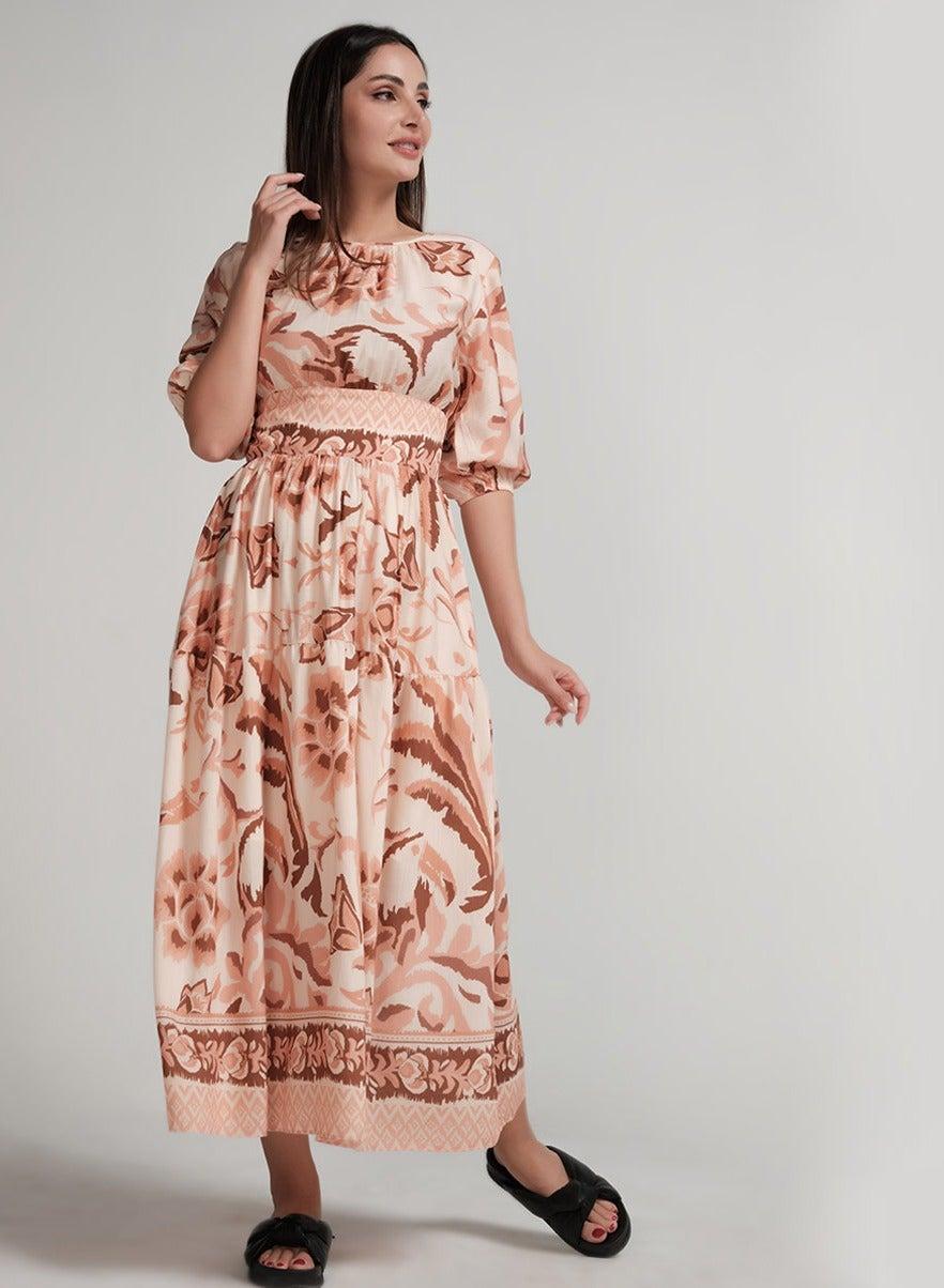 Beige Back-Tie Puffed Sleeve Evening Dress - Image 1
