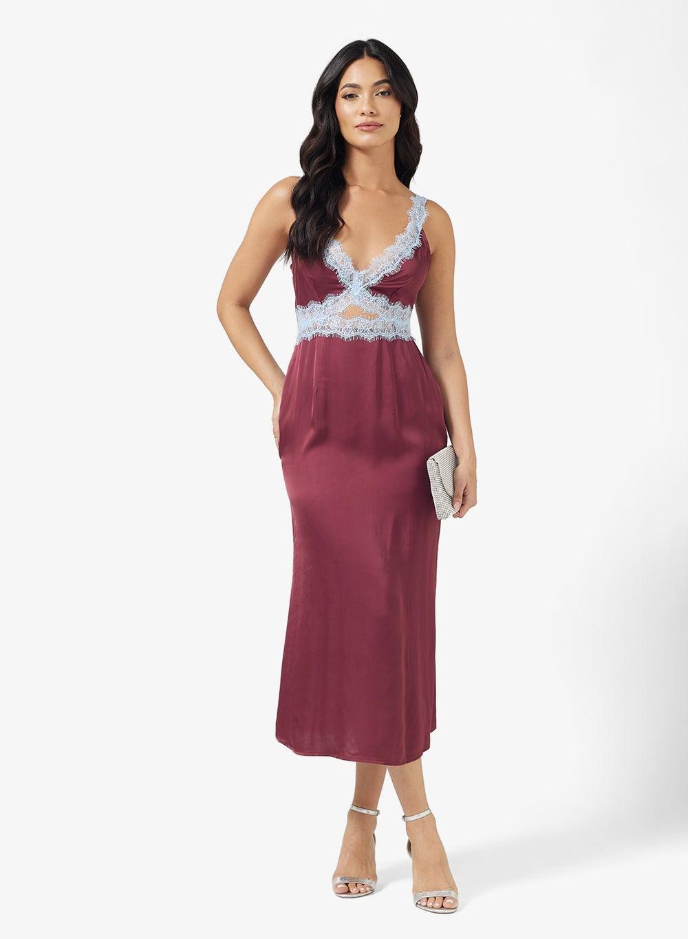 Burgundy Lace-Trim Strappy V Neck Midi Dress Nfddr3089 - Image 1