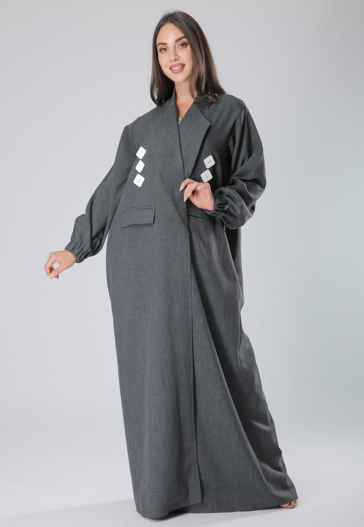 Grey Button Detail Asymmetric Evening Abaya - Image 1