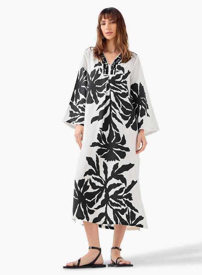 Iconic Ivory Embellished V-Neck Midi Dress - Image 1