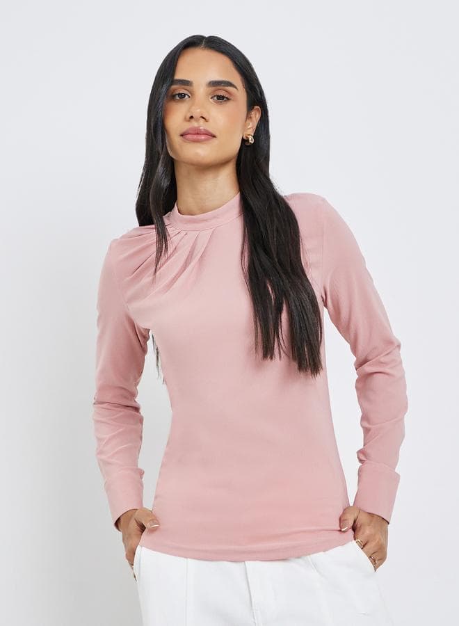 Styli Pink Pleat-Front Mock Neck Blouse - Image 1