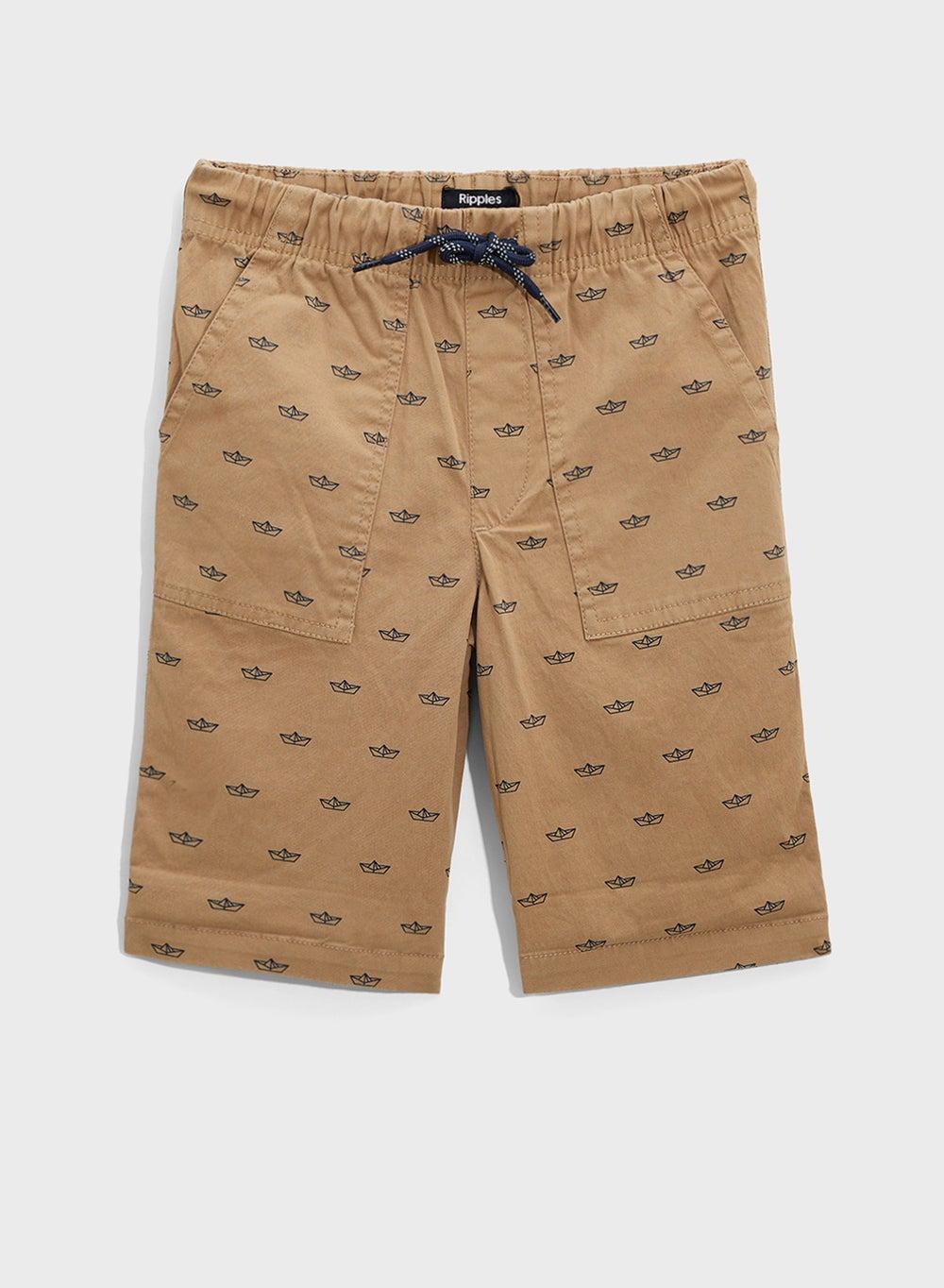 Boys Pull-On Shorts in Beige AOP Cotton - Image 1