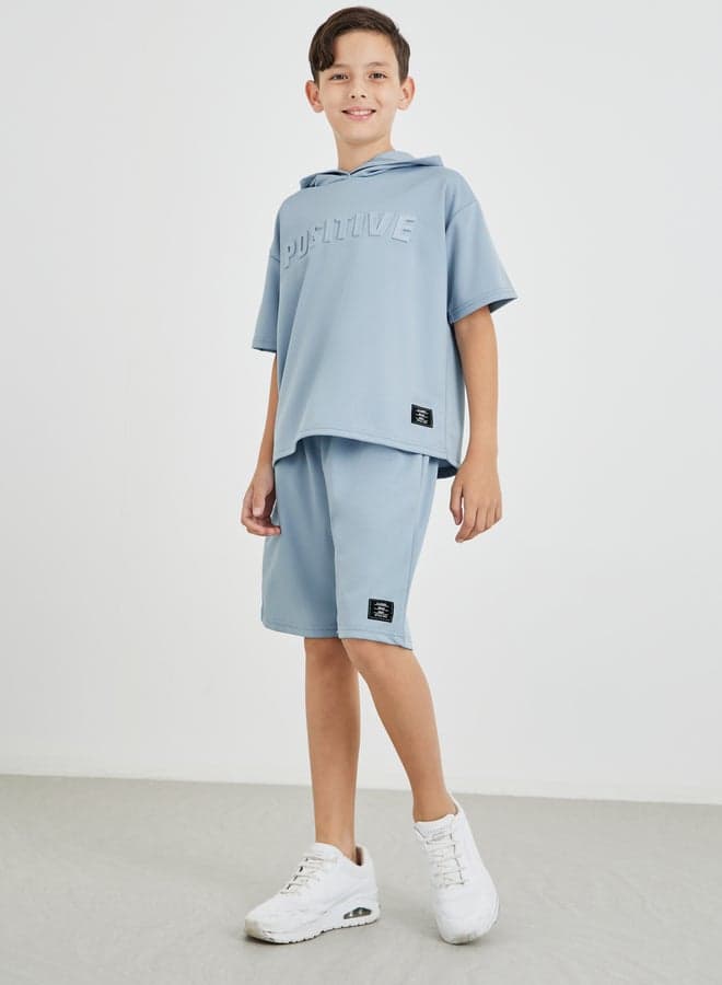 Boys Blue Typography Hooded T-Shirt & Shorts Set - Image 1