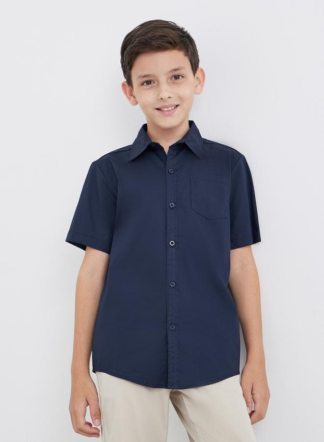Boys Navy Blue Short Sleeve School Shirt with Pocket - Image 1