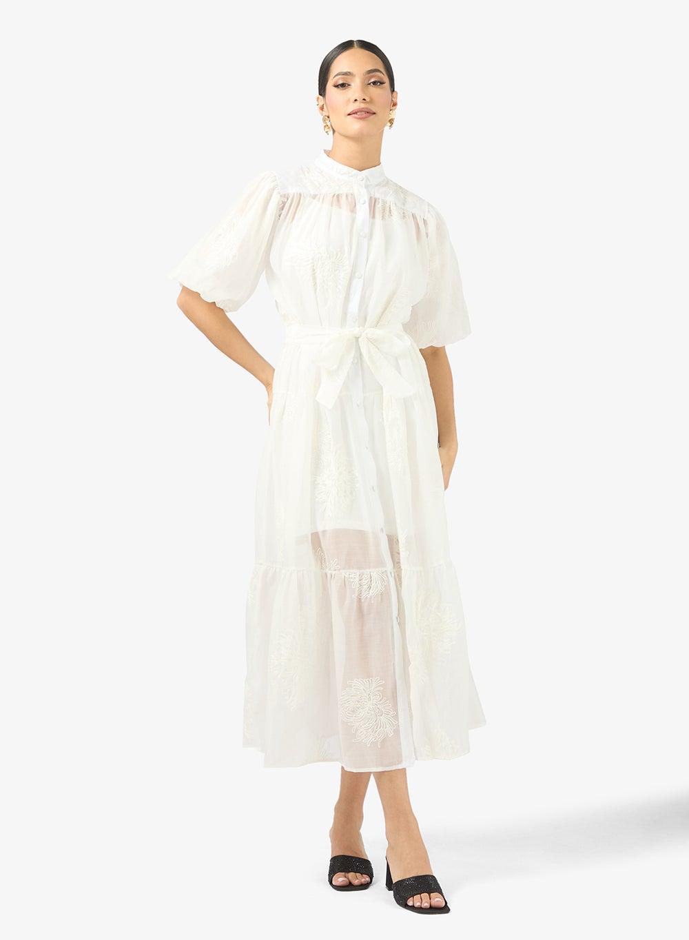 Vt8586 Embroidered Puff Sleeve Midi Shirt Dress - Image 1